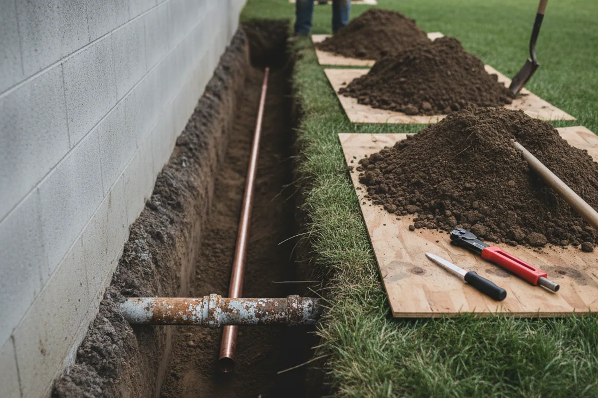 Excavated water line trench during Water Heater Repair in Barnes City
